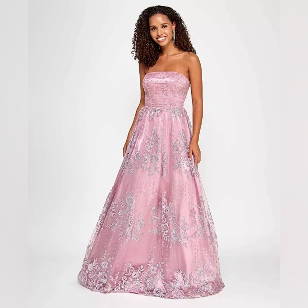 Say Yes - Juniors' Strapless Lace-Up-Back Glitter Gown